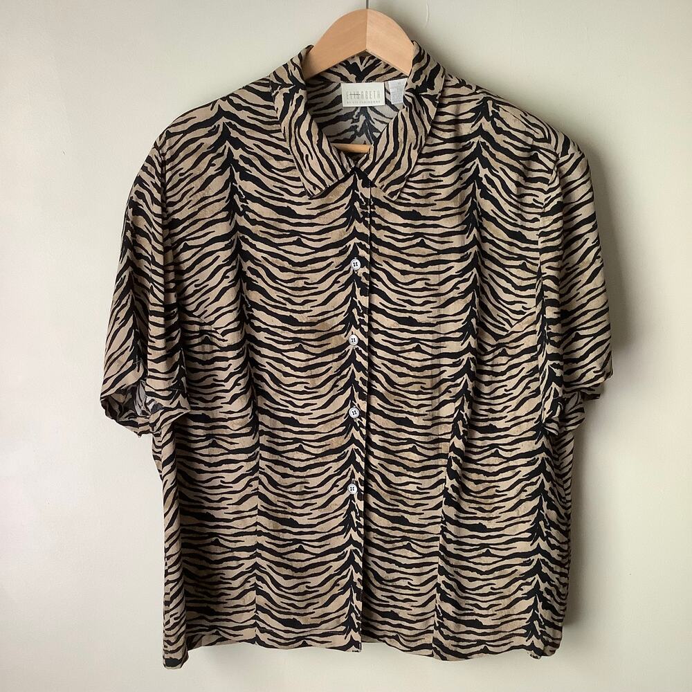 VTG Elisabeth by Liz Claiborne Short Sleeve Zebra Print Button-Down Top Plus 14